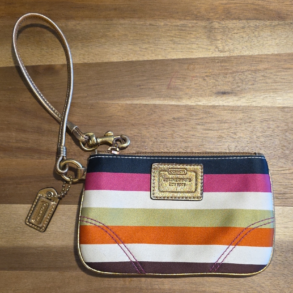Coach Anniversary Legacy Stripe Wristlet with Metallic Gold Accents